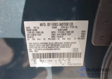 2016 Ford Edge Sport z USA, uszkodzony, nr VIN 2FMPK4AP8GBC49792